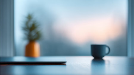 A serene morning scene featuring a laptop, potted plant, and coffee cup on a table beside a window, creating a tranquil ambiance perfect for inspiration.の素材