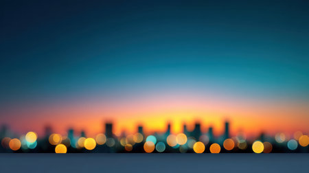 Stunning blurred city skyline featuring vibrant colors at twilight. The warm sunset backdrop creates a serene atmosphere, perfect for urban-themed designs and projects.の素材