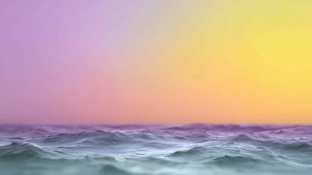 This image captures gentle ocean waves under a vibrant sunset sky featuring hues of purple and yellow, creating a serene and tranquil atmosphere perfect for relaxation.の素材
