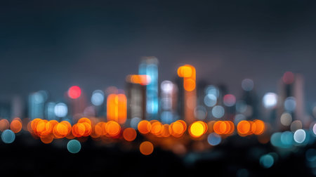 This stunning image captures a blurred city skyline at night, featuring vibrant bokeh lights that create a dynamic urban atmosphere full of life and energy.の素材