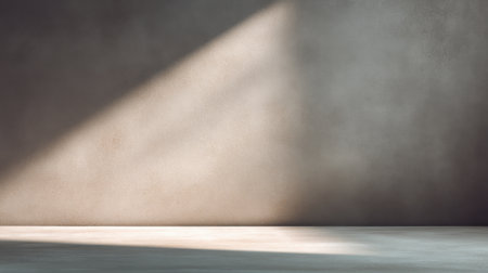 A serene scene featuring soft natural light casting gentle shadows on a minimalist gray wall and floor. Ideal for creative projects needing a clean background.の素材