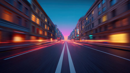 A vibrant urban street scene captured at dusk, featuring blurred lights and buildings that convey a sense of motion and energy in the evening atmosphere.の素材