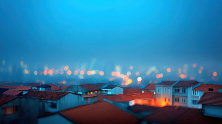 A serene urban landscape captures rooftops under a foggy dusk, with soft city lights glowing in the background. This mesmerizing scene evokes tranquility and mystery.の素材