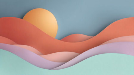 This abstract landscape features layered paper waves and a stylized sun, creating a serene and calming atmosphere perfect for modern design and artistic projects.の素材
