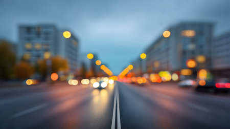 A captivating blurred image of a city street at dusk featuring glowing bokeh lights that create an inviting and lively urban atmosphere, perfect for travel themes.の素材