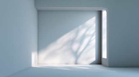 A tranquil minimalist interior space showcasing soft light, geometric shapes, and nature-inspired shadows. Perfect for conveying peace and elegance in design visuals.の素材