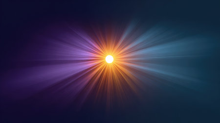 Captivating abstract composition featuring a radiant light burst with hues of orange, purple, and blue. Perfect for backgrounds, art projects, and graphic designs.の素材