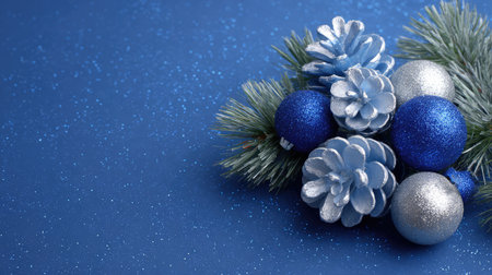 A captivating arrangement featuring blue and silver ornaments alongside pine cones on a sparkling blue background, perfect for holiday decorating and winter festivities.の素材
