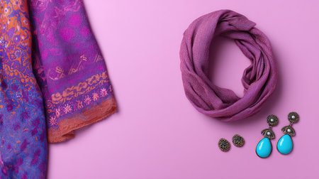 A beautifully arranged composition featuring a colorful scarf and elegant earrings on a vibrant pink background, ideal for fashion and accessory related projects.の素材