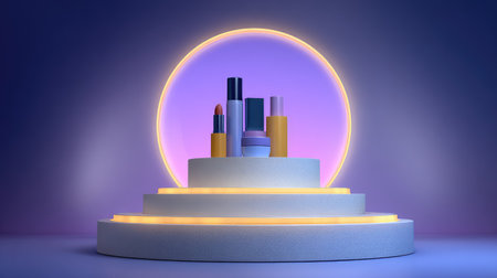 A striking display of various cosmetic products arranged on a glowing pedestal, set against a vibrant backdrop, perfect for beauty marketing and advertising visuals.の素材