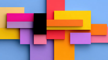 Abstract composition featuring bold geometric shapes in vibrant colors against a blue background, perfect for artistic projects or modern design inspirations.の素材