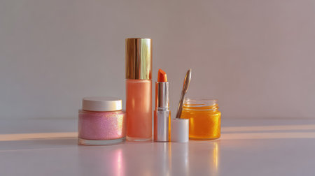Stylish arrangement of beauty products showcasing creams and lipsticks in soft pastel tones, perfect for inspiration in skincare and makeup routines.の素材