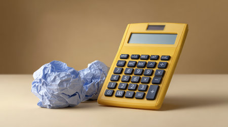 A vibrant yellow calculator and crumpled paper signify the journey of idea refinement, showcasing the intersection of creativity and analytical thinking in a modern workspace.の素材