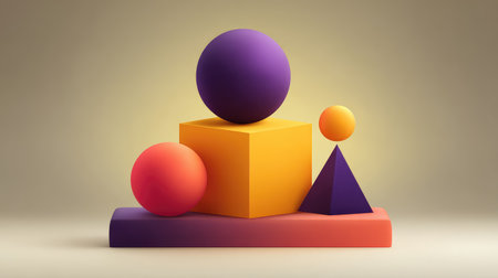 Colorful geometric shapes create an engaging visual experience, showcasing a mix of spheres, cubes, and pyramids in a harmonious arrangement on a stylish surface.の素材