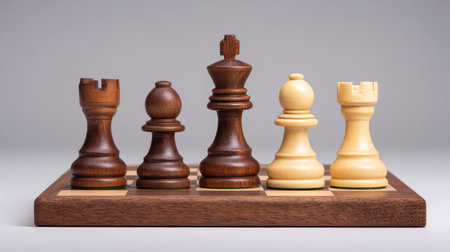 A stunning display of wooden chess pieces showcasing the king, rook, and pawn in a sleek setting. Perfect for promoting chess culture and strategy on various platforms.の素材