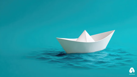 A beautiful depiction of a simple paper boat afloat on calm turquoise water, symbolizing peace and creativity, ideal for digital art or design projects.の素材