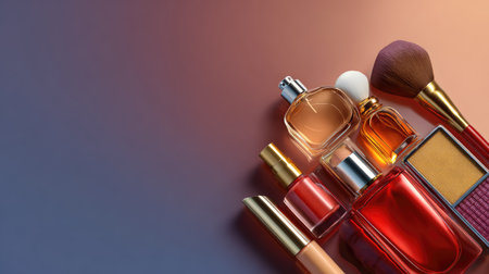 A visually striking flat lay of various beauty products, including perfumes and nail polishes, displayed artistically against a soft gradient backdrop for a sophisticated touch.の素材
