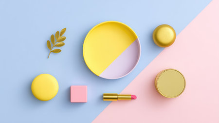 Discover a vibrant flat lay of colorful cosmetics and accessories on a pastel background, perfect for beauty and lifestyle projects showcasing creativity and elegance.の素材