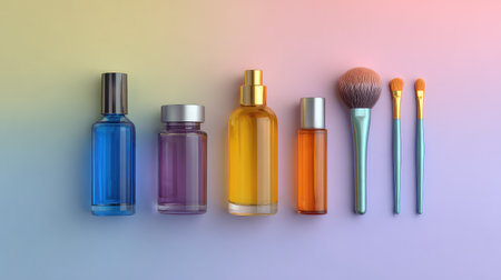 A visually appealing arrangement of colorful cosmetic bottles and brushes on a soft gradient background, perfect for showcasing beauty products and enhancing marketing visuals.の素材