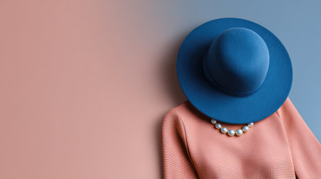 Discover a chic fashion display featuring a sophisticated blue hat, a cozy coral sweater, and a stylish pearl necklace, perfect for modern style inspiration.の素材