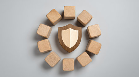 Minimalistic image showcasing a wooden shield surrounded by cubes, symbolizing security and protection for various concepts in business, finance, and digital safety.の素材