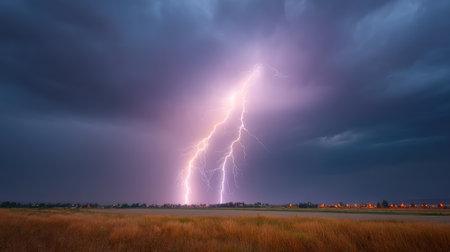 A breathtaking view of powerful lightning striking through dark stormy skies above golden grasslands, creating a dramatic and atmospheric scene during an intense thunderstorm.の素材