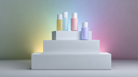 A serene composition featuring colorful bottles arranged on white pedestals with a soft gradient background, ideal for beauty, lifestyle, and product marketing purposes.の素材