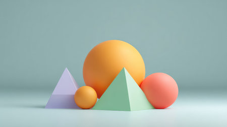 A vibrant collection of geometric shapes including spheres and pyramids in soft pastels, ideal for creative projects, stylish designs, and artistic inspiration.の素材