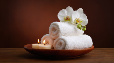 Indulge in a peaceful spa atmosphere with soft white towels, delicate orchid blooms, and gentle candles creating a serene setting for relaxation and self-care.の素材