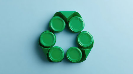 Artistic representation of a recycle symbol crafted with green plastic bottle caps, emphasizing sustainability and environmental consciousness against a light blue background.の素材