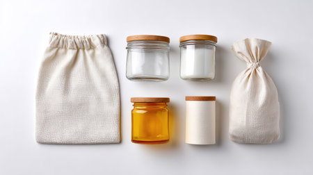 A stylish assortment of eco-friendly containers and pouches arranged on a clean background, perfect for showcasing natural products and promoting sustainable living.の素材