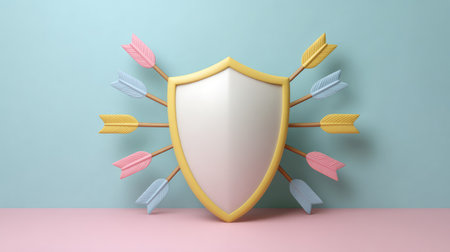 A vibrant shield surrounded by colorful arrows against a soft pastel background represents themes of protection and creativity in a modern design, ideal for various creative projects.の素材