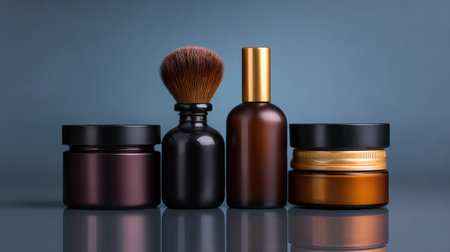 An elegant collection of skincare and grooming products displayed on a polished surface, showcasing the blend of luxury design and quality craftsmanship in personal care items.の素材