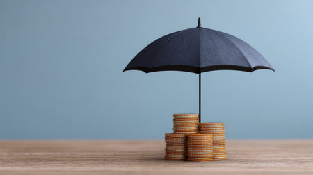 Innovative depiction of financial protection with a small umbrella shielding golden coins, representing essential concepts of savings and investment in an unpredictable economy.の素材