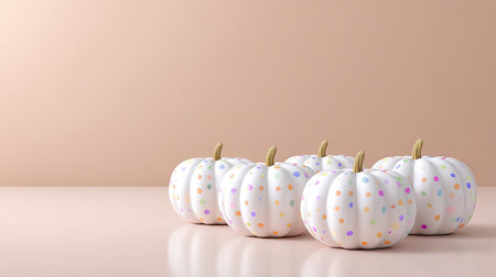 A visually appealing arrangement of decorative white pumpkins featuring colorful dots on a smooth surface, perfect for autumn and seasonal decor inspiration.の素材