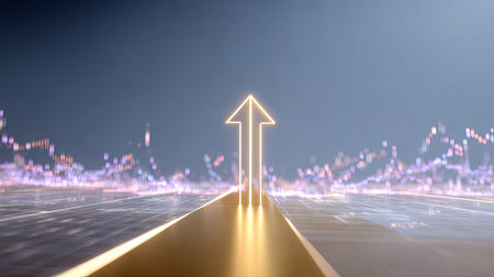 A striking image of a glowing upward arrow on a road with blurred lights, symbolizing growth and innovation. Perfect representation for business success and future directions.の素材