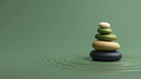A set of smooth stones stacked carefully, creating a tranquil atmosphere on a serene water surface that ripples gently, embodying peace and wellness.の素材