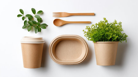 Discover eco-friendly packaging options featuring biodegradable utensils and vibrant greenery, perfect for promoting a sustainable lifestyle and healthy eating choices.の素材