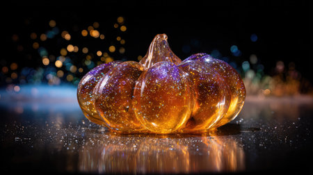 A stunning artistic representation of a transparent pumpkin embellished with golden glitter, set against a vibrant bokeh background, ideal for seasonal celebrations.の素材