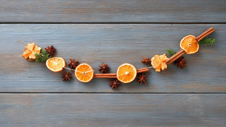 A beautiful arrangement of dried orange slices, cinnamon sticks, and star anise adorned with fresh greenery on a wooden surface, creating a warm, inviting festive atmosphere.の素材