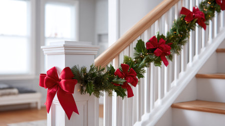 A beautifully decorated staircase featuring garland with red bows, creating a warm festive atmosphere perfect for the holiday season in a cozy home setting.の素材