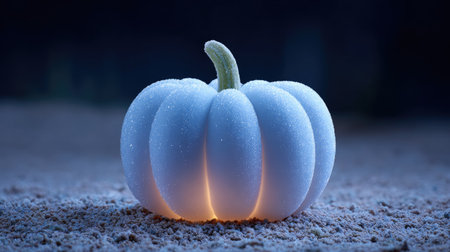 A stunning white pumpkin with a frosty texture emits a warm glow, set against a dark backdrop. This enchanting image captures the essence of autumn and Halloween.の素材