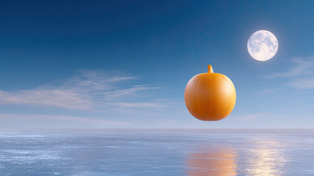A mesmerizing orange pumpkin floats serenely against a vibrant night sky, with a full moon illuminating calm water below, creating an enchanting autumn scene.の素材