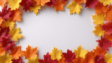 A vibrant arrangement of colorful autumn leaves forms a beautiful border around a blank space, ideal for seasonal greetings and unique fall-themed projects.の素材