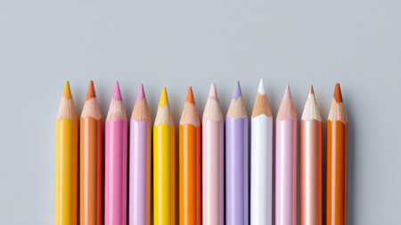 A striking arrangement of colorful pencils showcases a variety of shades on a smooth gray background, perfect for art projects and creative inspiration.の素材