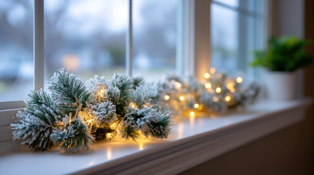 A beautifully arranged frosted evergreen garland with warm lights on a window sill, creating a cozy and festive atmosphere for winter holiday celebrations in a bright home.の素材
