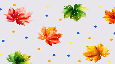 This vibrant design features colorful autumn leaves paired with bright polka dots on a light gray background, perfect for seasonal decoration or nature-inspired projects.の素材