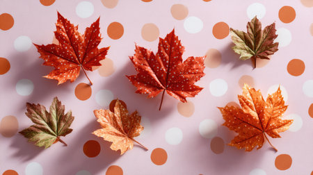 Charming arrangement of vibrant autumn leaves against a whimsical polka dot background, evoking a warm seasonal atmosphere perfect for decor and creative projects.の素材