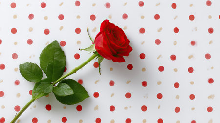 A striking red rose set against a playful polka dot background with red and gold dots, symbolizing love and beauty, perfect for romantic themes and artistic designs.の素材