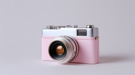 A charming vintage-style pink camera rests elegantly on a minimalist background. This unique design appeals to photography enthusiasts who love retro aesthetics.の素材